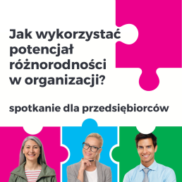 W dolnej części znajdują się trzy twarze: starszej kobiety z długimi siwymi włosami, młodej blondynki w okularach i młodego szatyna. Każda z nich umieszczona jest w puzzlu innego koloru. Powyżej znajduje się napis: Jak wykorzystać potencjał różnorodności w organizacji? Spotkanie dla przedsiębiorców.