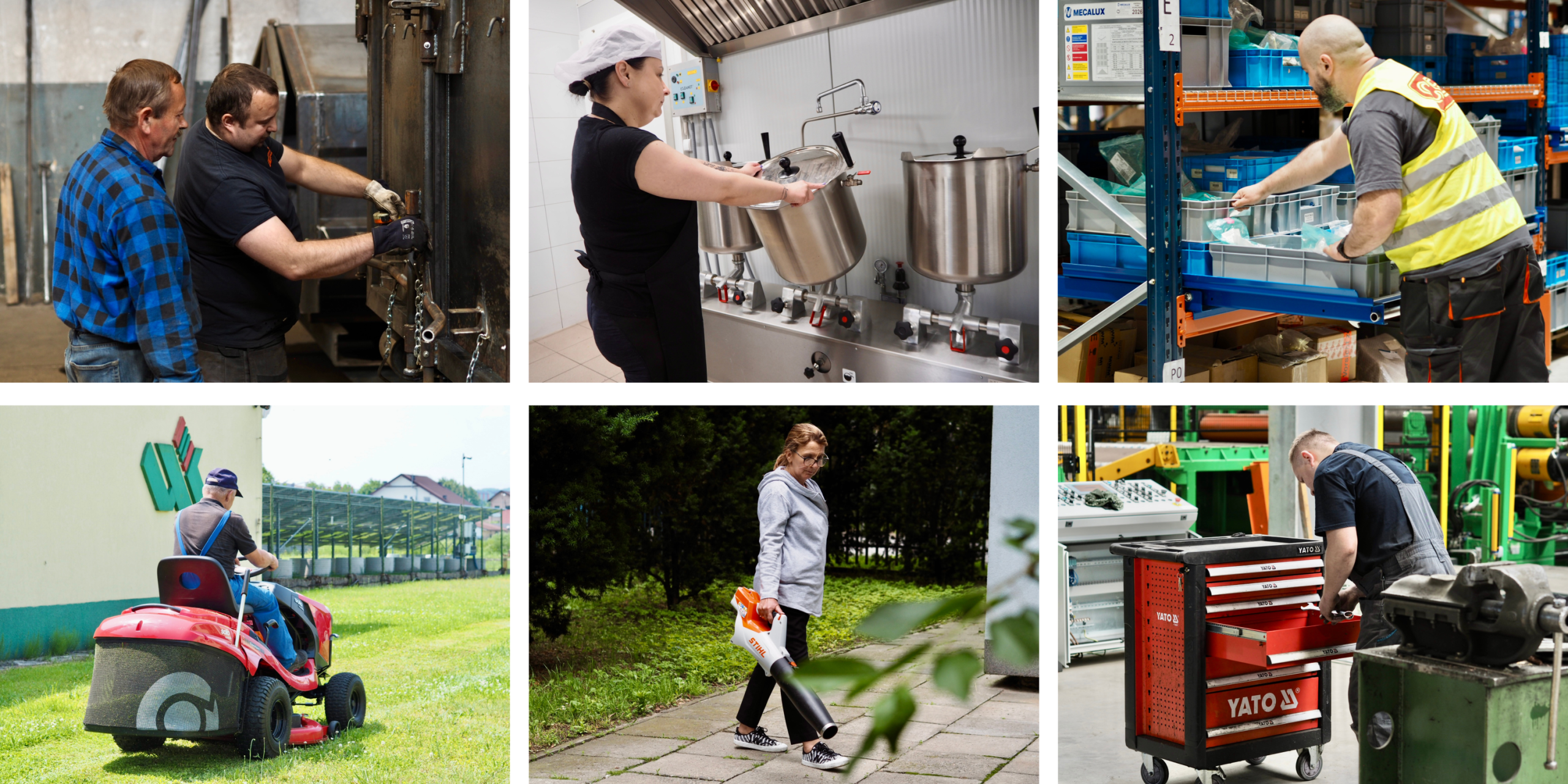 Zestawienie 6 zdjęć pokazujących ludzi w różnych sytuacjach zawodowych.