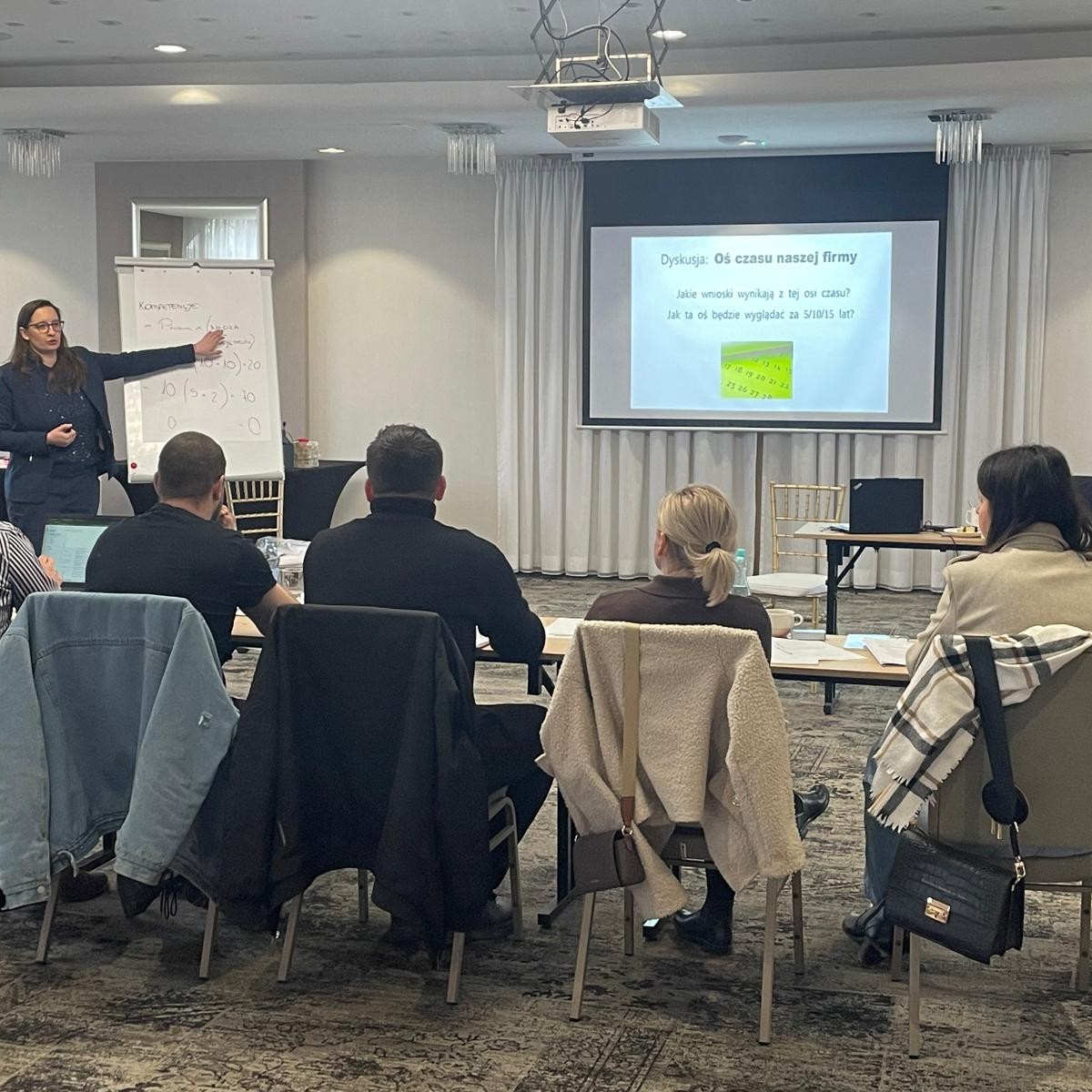 Trenerka - kobieta w okularach z długimi włosami mówi do grupy siedzącej przy stole.